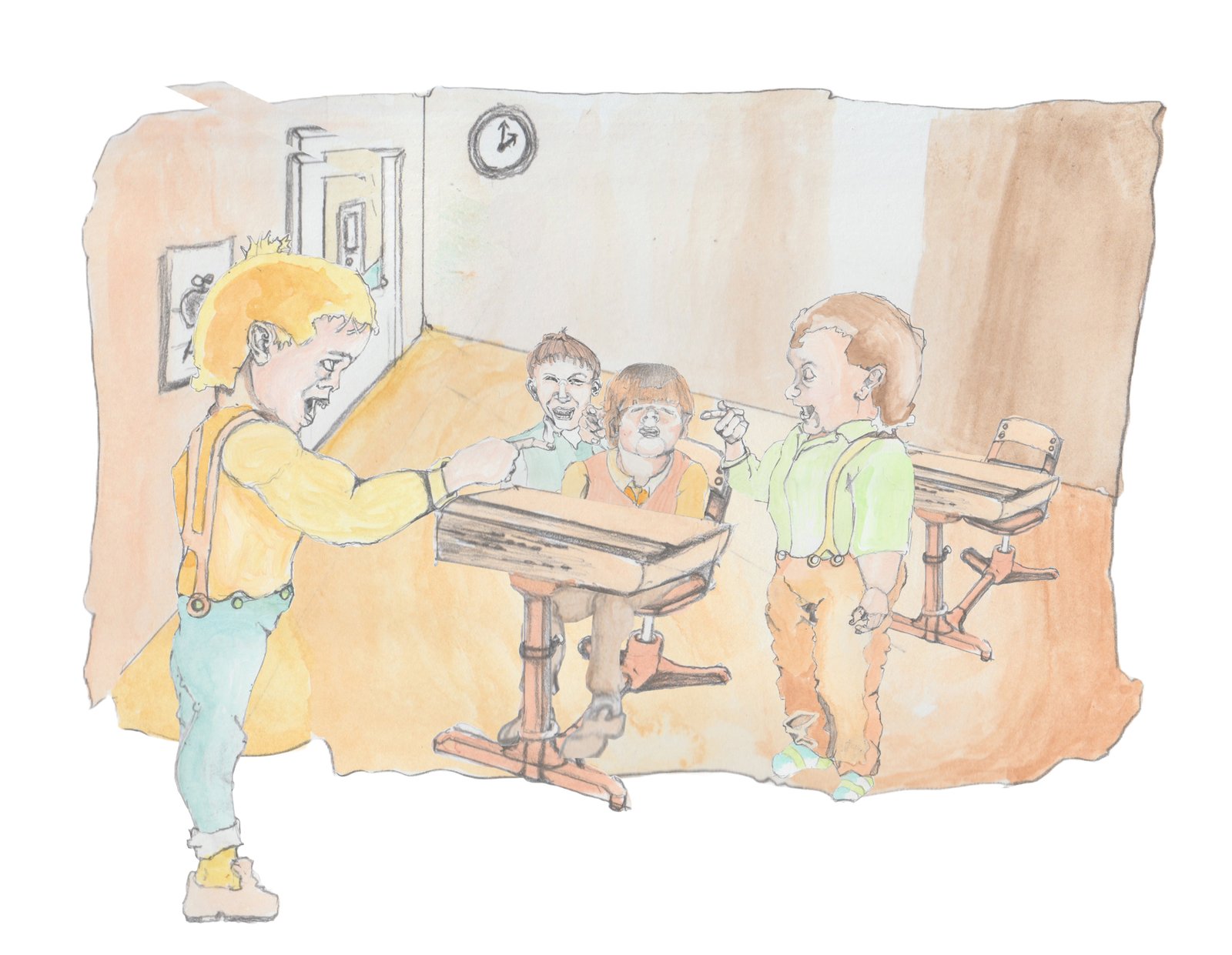 Three kids pointing and picking on a young Hulton in class with old desks.