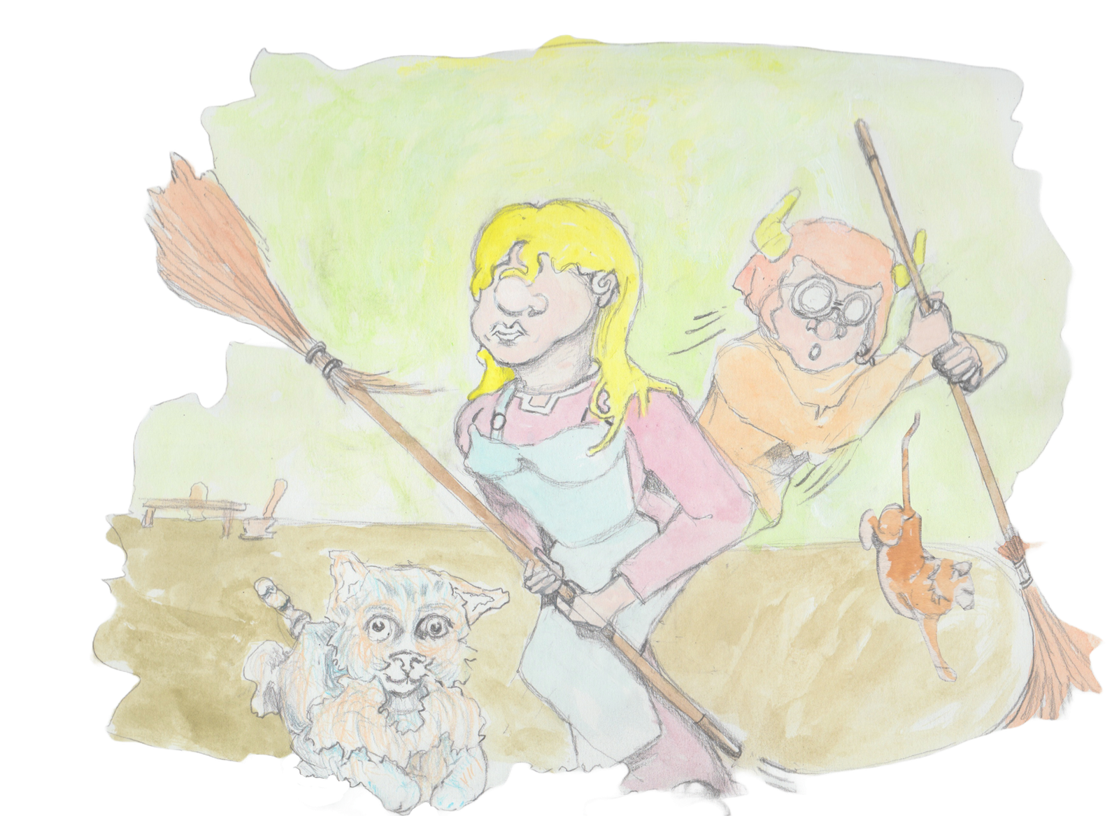 Angroboda and Helgi chasing cats with brooms.