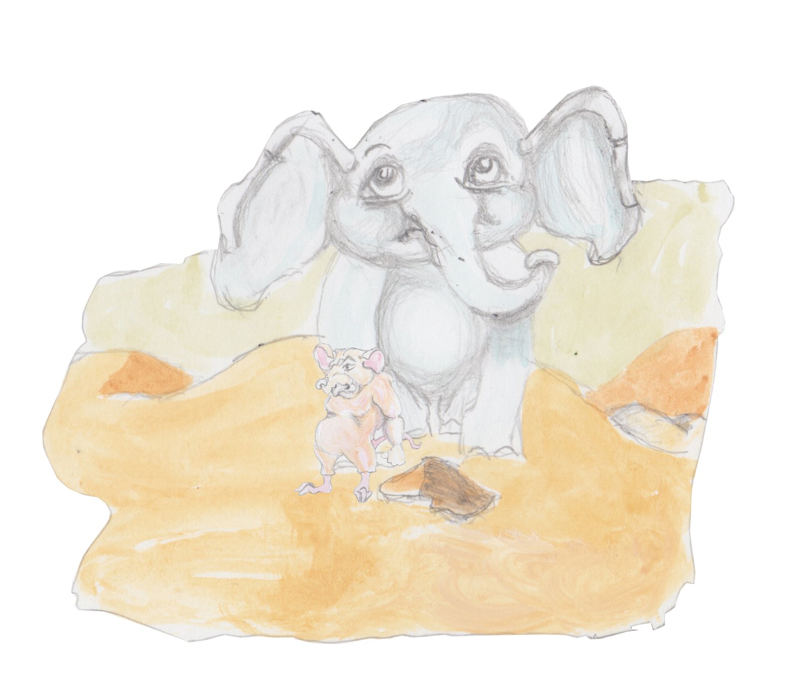 A babby mouse and a mouse in front of her next to its hole with dunes in the background.