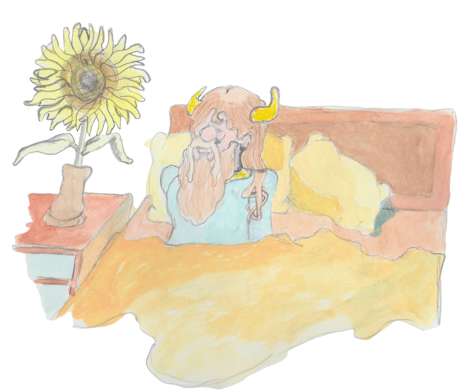 Njorn wakes up in bed with a sunflower to his right on the nightstand.