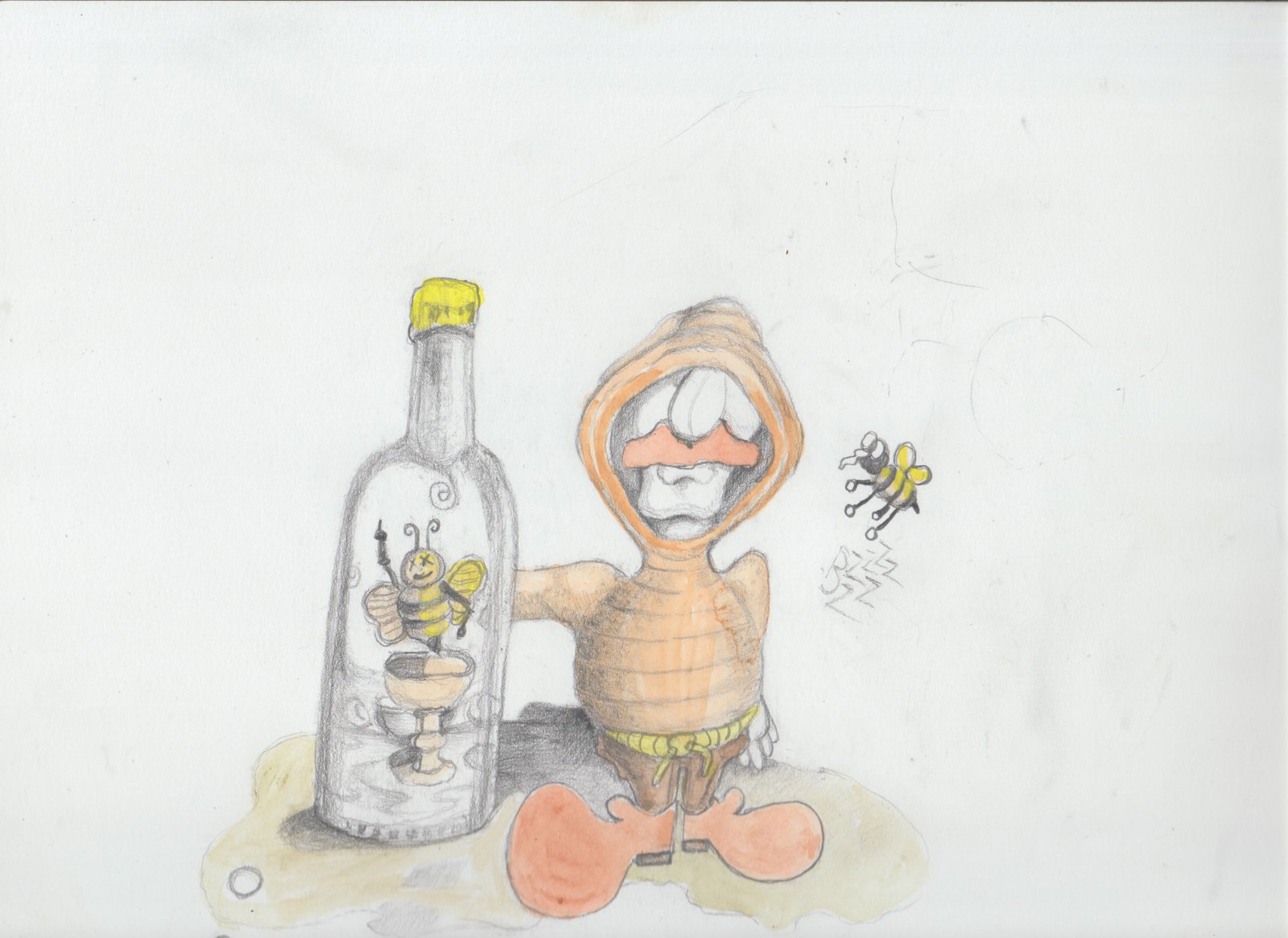 Karl next to giant bottle of mead with a bee buzzing around.