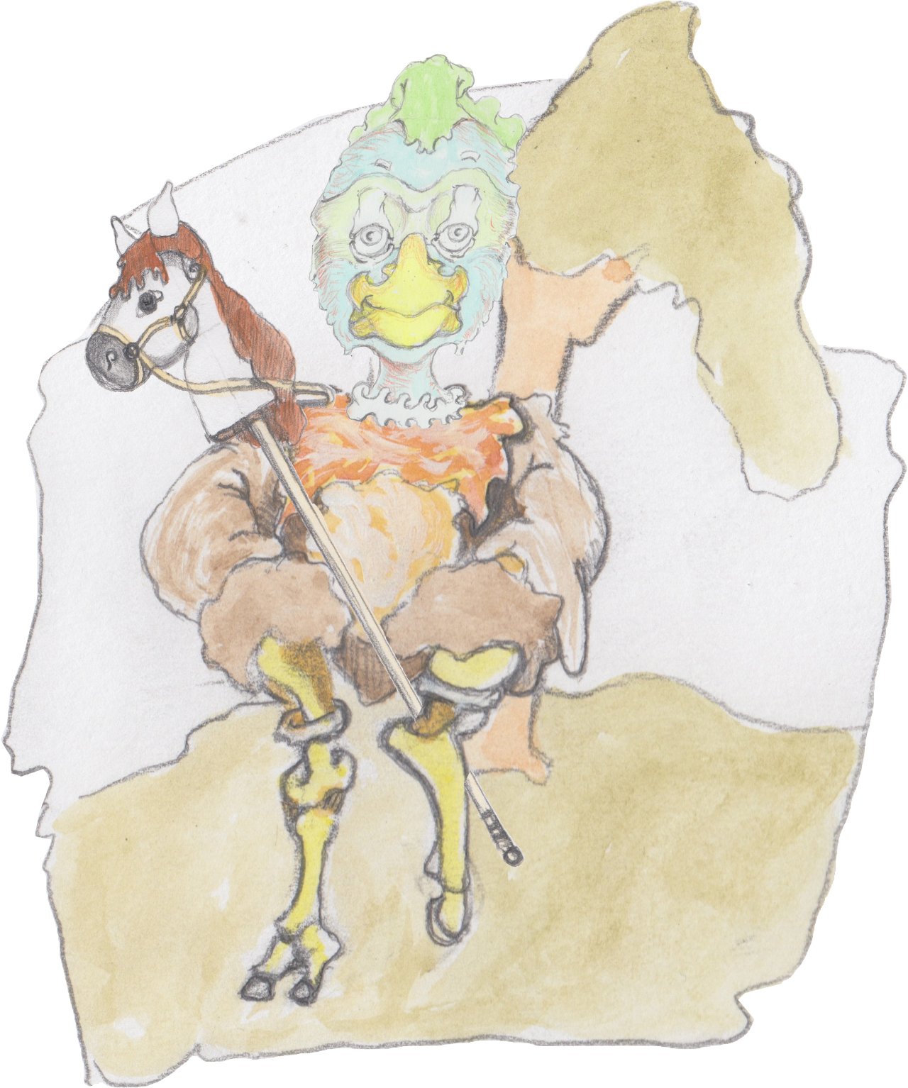 Gast the Jersey Devil riding a hobby horse.