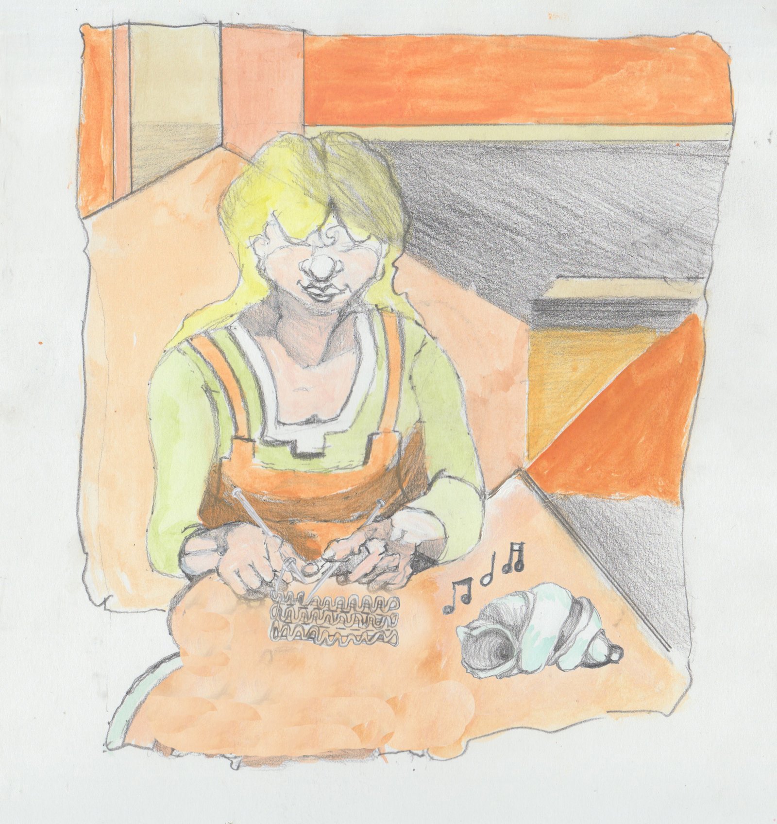 Helgi knitting at her table.